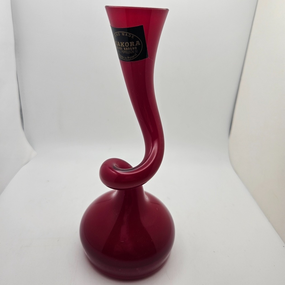 Makora Krosno Poland Cranberry Red Art Glass Twisted Bud Vase Hand Blown